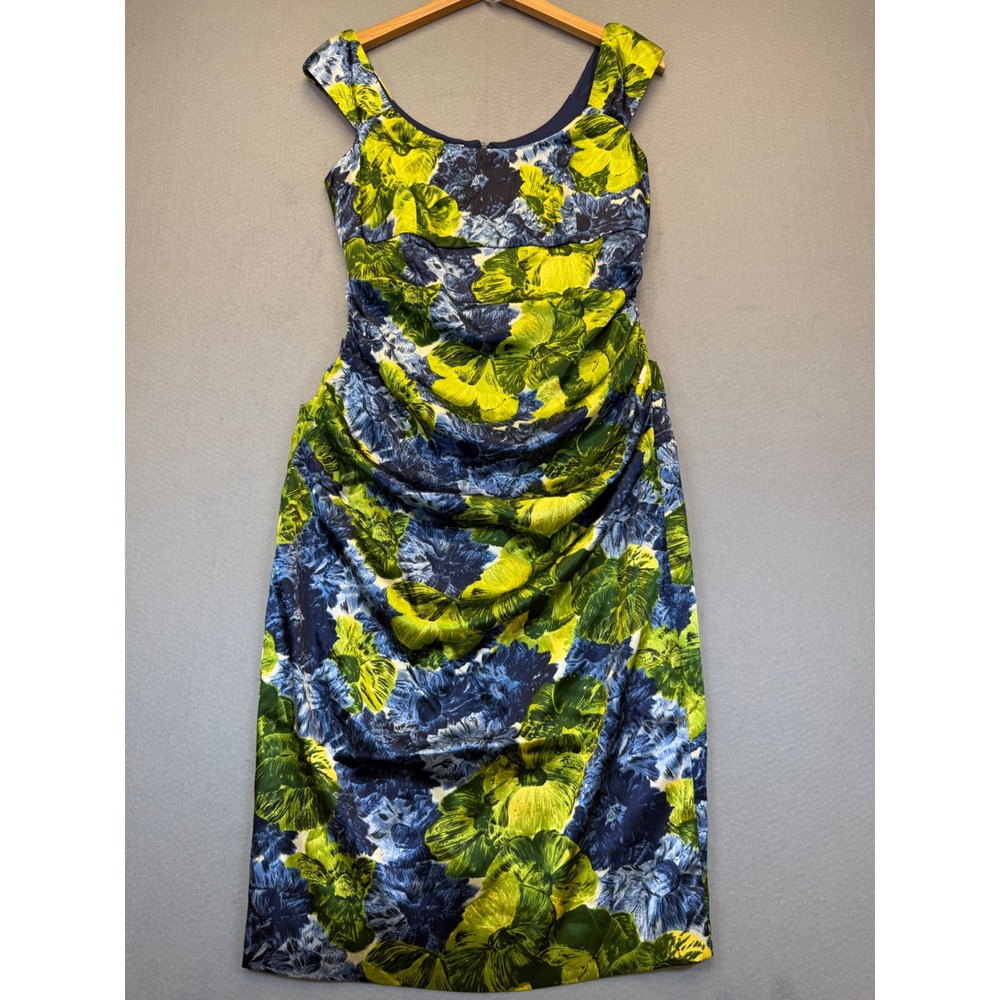 London Times Blue Green Floral Ruched Sheath Dress Cap Sleeve Size 10